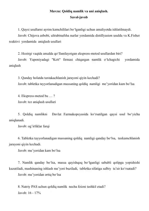 5.2. Qoldiq namlik va uni aniqlash. Savol-javob, 10 ta.