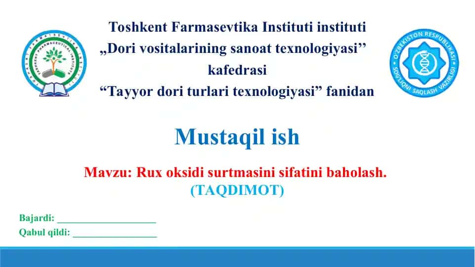 17.2. Rux oksidi surtmasini sifatini baholash. Taqdimot 11 bet.