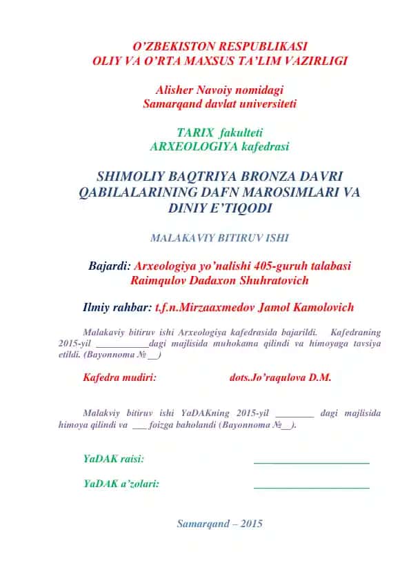 ARXEOLOGIYA kafedrasi malakaviy bitiruv ishi
