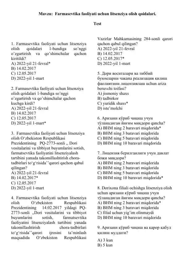 3. Farmasevtika faoliyati uchun litsenziya olish qoidalari. Test 15 ta, javobli.