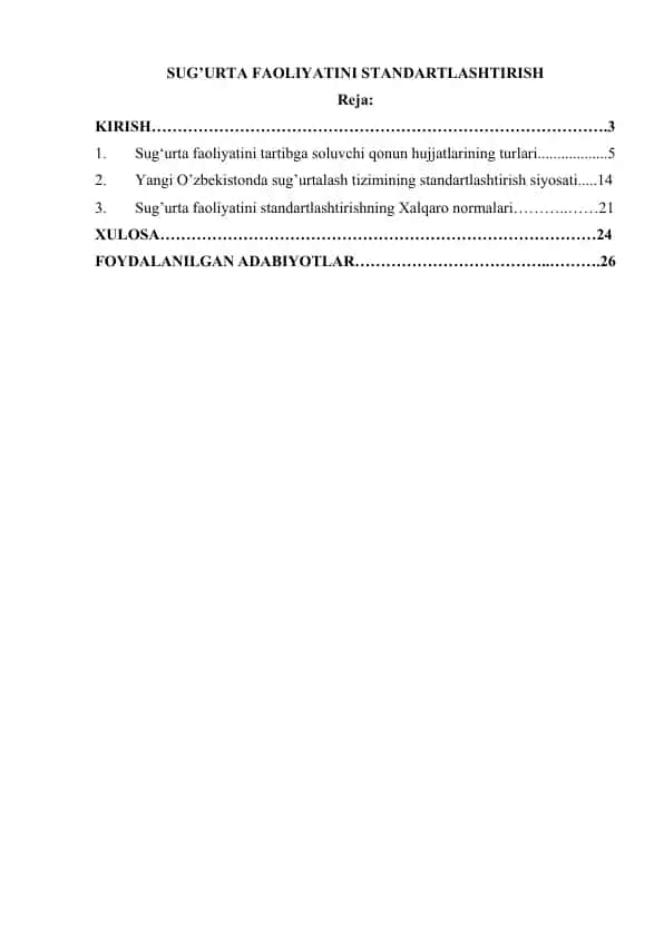Sug’urta faoliyatini standartlashtirish