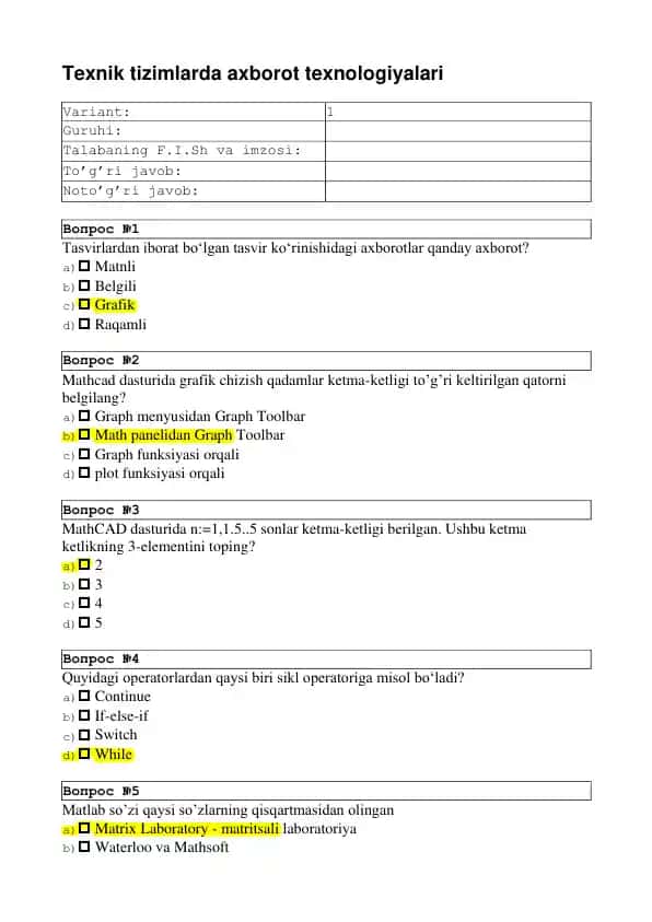 Texnik tizimlarda axborot texnologiyalari test savollar javoblari bilan