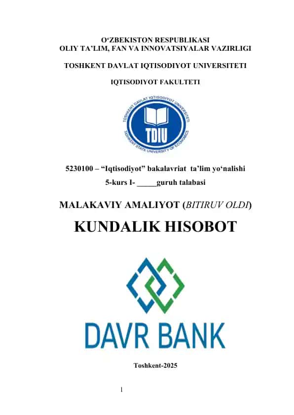 Davr Bank hisobot Davr Bank amaliyot hisobot Davr Bank malakaviy amaliyot Davr Bank praktika