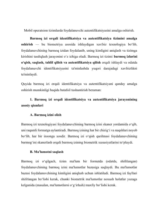 Barmoq izi orqali identifikatsiya va autentifikatsiya tizimi