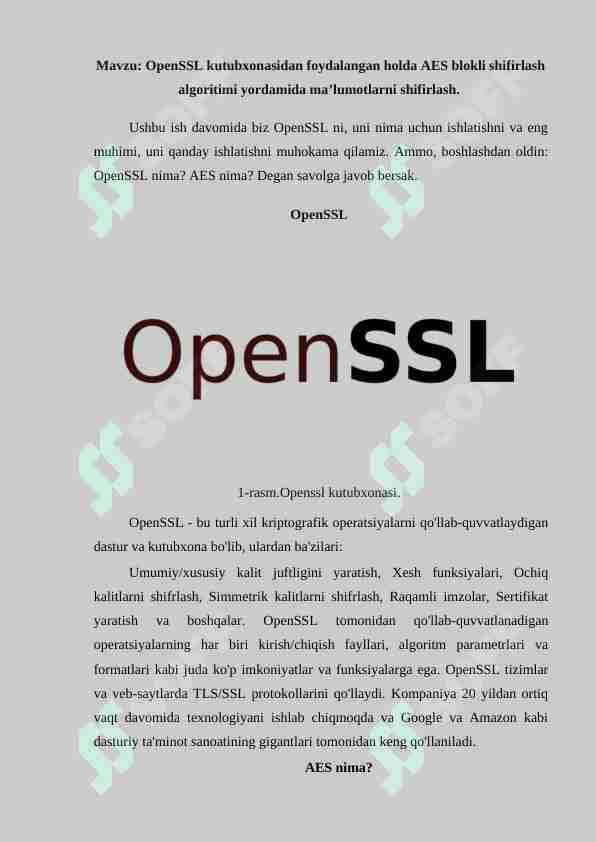 OpenSSL kutubxonasidan foydalangan holda AES blokli shifirlash algoritimi yordamida ma’lumotlarni shifirlash.