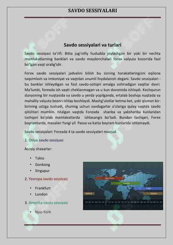 Savdo sessiyalari va turlari. 7-dars.Forex.