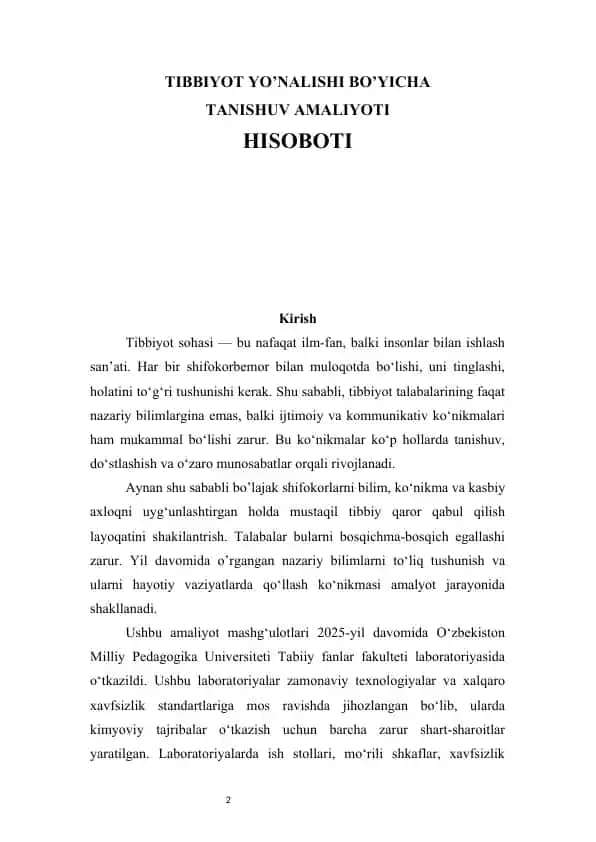 Tibbiyot (stomatologiya) bo'yicha tanishuv amaliyot hisoboti
