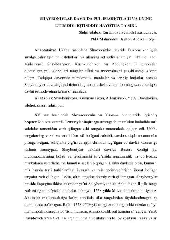 SHAYBONIYLAR DAVRIDA PUL ISLOHOTLARI VA UNING IJTIMOIY- IQTISODIY HAYOTGA TA’SIRI