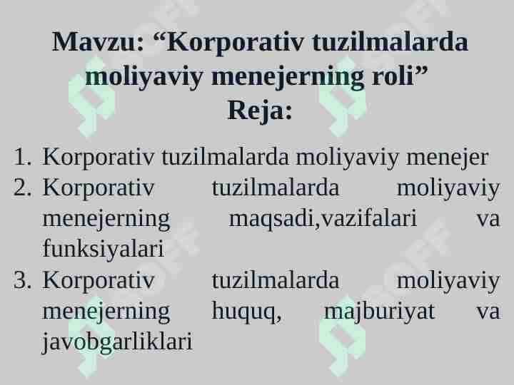 Korporativ tuzilmalarda moliyaviy menejerning roli