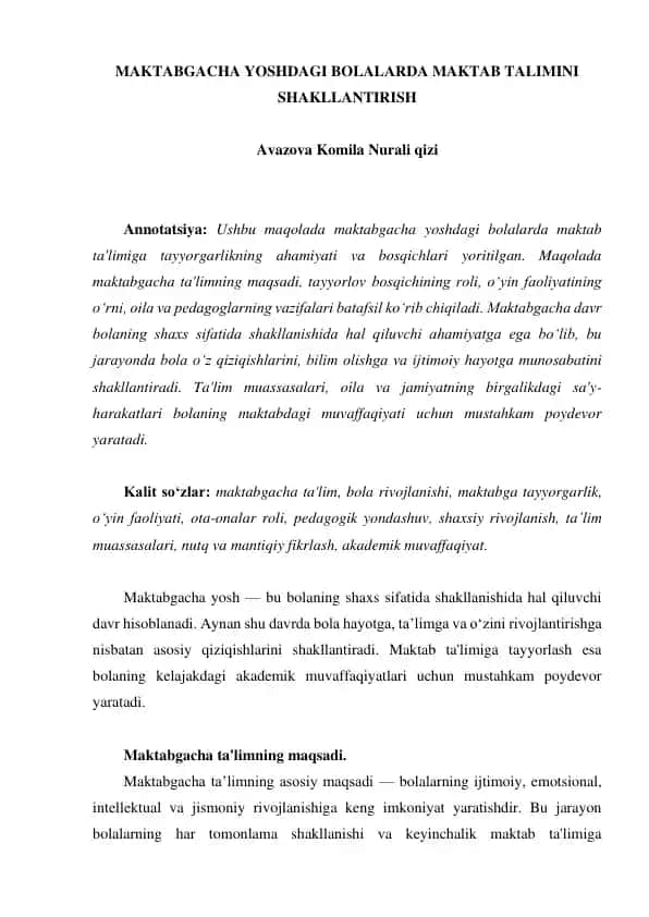 Maktabgacha yoshdagi bolalarda maktab talimini shakllantirish