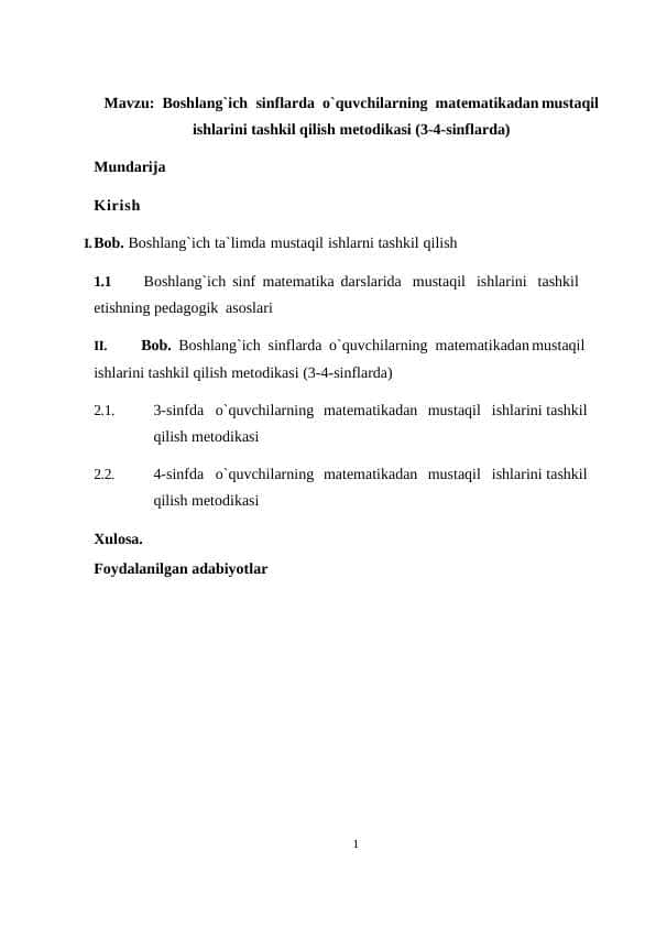 Boshlang`ich sinflarda o`quvchilarning matematikadan mustaqil ishlarini tashkil qilish metodikasi (3-4-sinflarda)