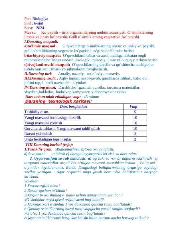 Ko`payish – tirik organizmlarning muhim xususiyati. O`simliklarning jinssiz va jinsiy ko`payishi. Gulli o`simliklarning vegetative ko`payishi.