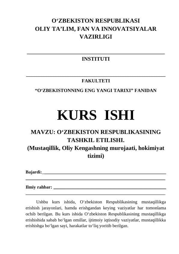 OʻZBEKISTON Respublikasi tashkil etilishi