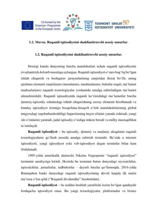 Raqamli iqtisodiyotni shakllantiruvchi asosiy unsurlar.