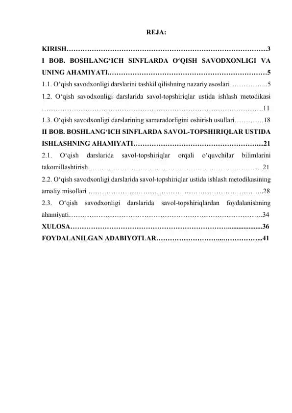 O‘qish savodxonligi darslarida savol-topshiriqlar ustida ishlash