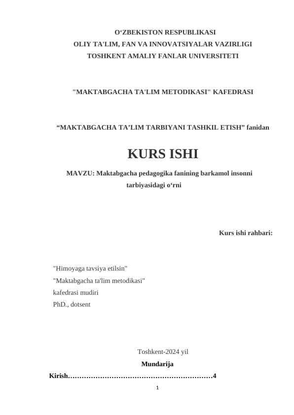 Maktabgacha pedagogika fanining barkamol insonni tarbiyasidagi o‘rni