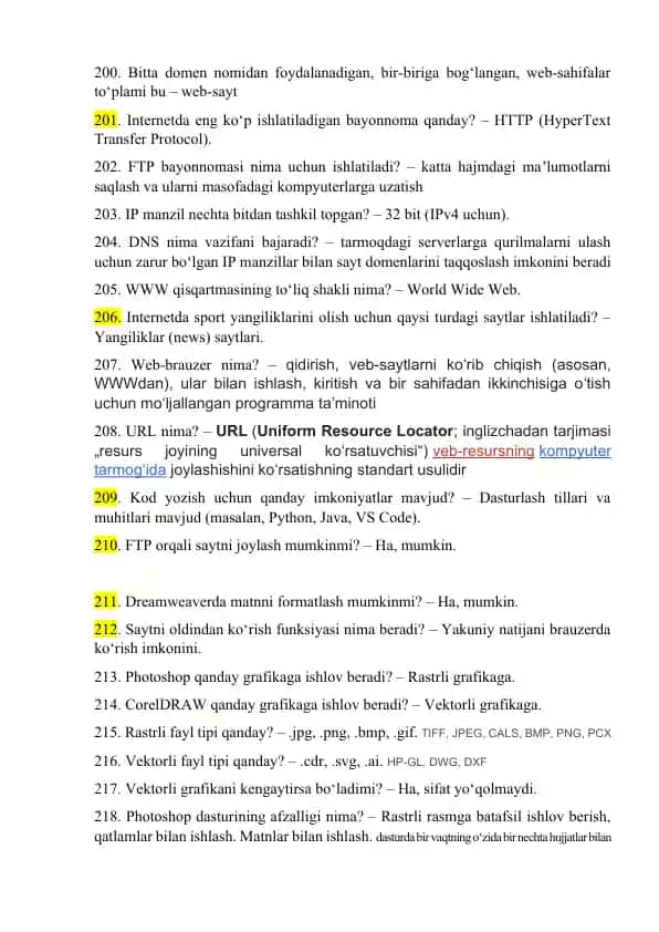 Axborot texnologiyalari fanidan yakuniy nazorat savollari javoblar bilan