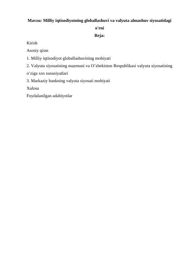 Milliy iqtisodiyotning globallashuvi va valyuta almashuv siyosatidagi