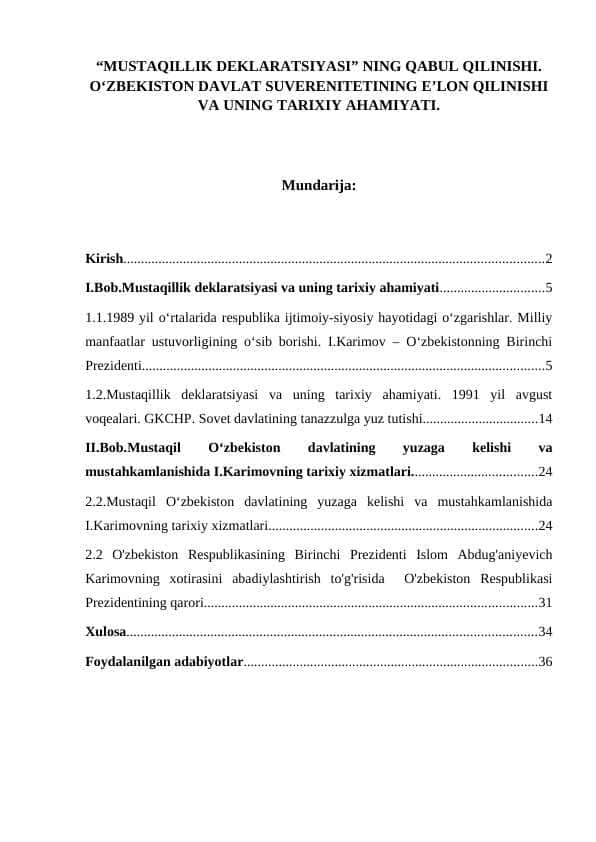 “MUSTAQILLIK DEKLARATSIYASI” NING QABUL QILINISHI. OʻZBEKISTON DAVLAT SUVERENITETINING EʼLON QILINISHI VA UNING TARIXIY AHAMIYATI