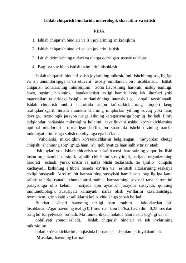 Ishlab chiqarish binolarida meterologik sharoitlar va isitish