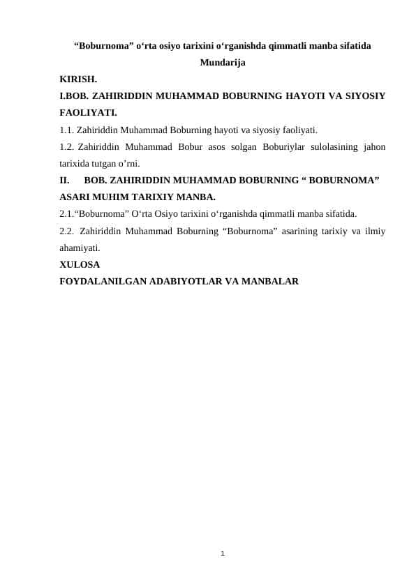 “Boburnoma” o‘rta osiyo tarixini o‘rganishda qimmatli manba sifatida