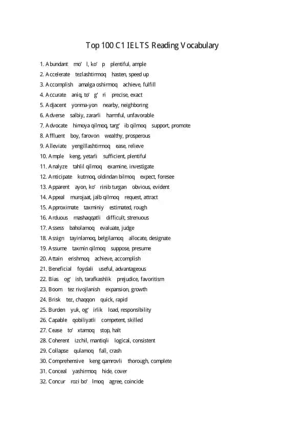IELTS READING Vocabulary with Synonyms(with uzbek version)