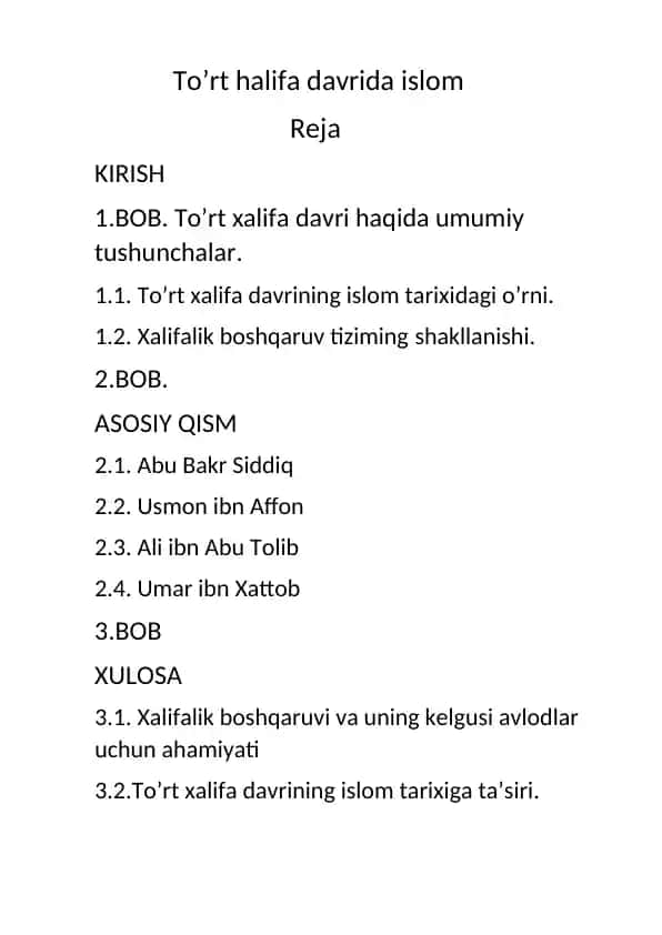 “Tört xalifa davri (22 betlik mustaqil ish, referat)”