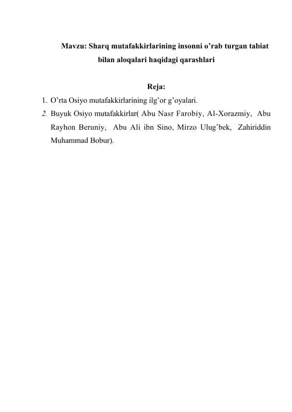 Sharq mutafakkirlarining insonni o’rab turgan tabiat bilan aloqalari haqidagi qarashlari