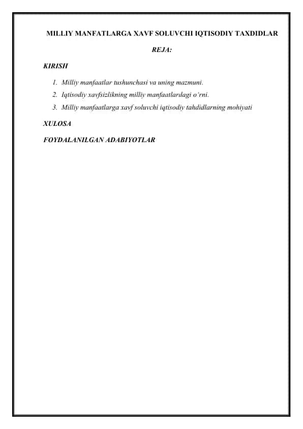 MILLIY MANFATLARGA XAVF SOLUVCHI IQTISODIY TAXDIDLAR 2