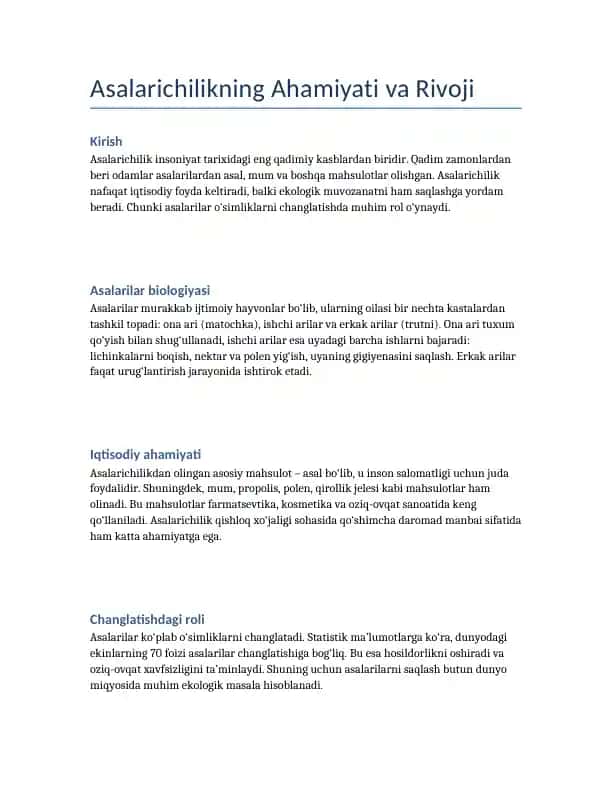 Asalarichilikning Ahamiyati va Rivoji