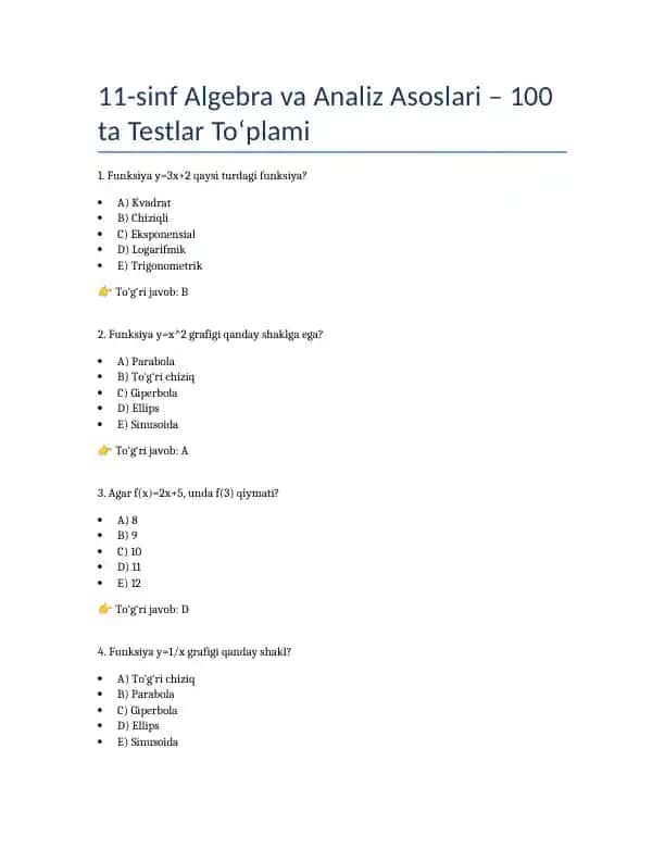 11-sinf Algebra va Analiz Asoslari – 100 ta Testlar To‘plami