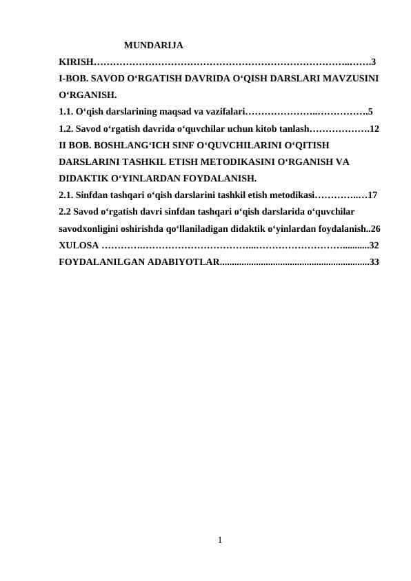 SAVOD OʻRGATISH DAVRIDA OʻQISH DARSLARI MAVZUSINI OʻRGANISH