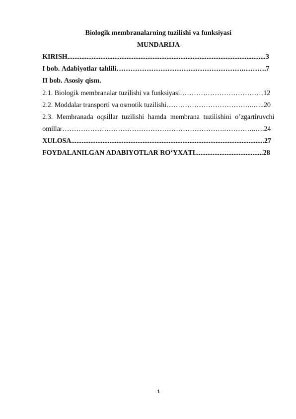 Biologik membranalarning tuzilishi va funksiyasi