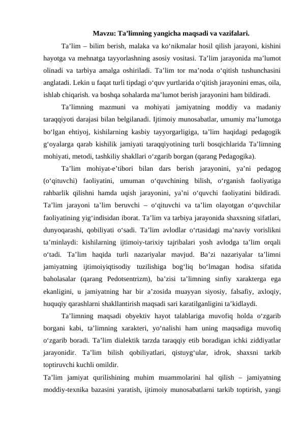 Ta’limning yangicha maqsadi va vazifalari.