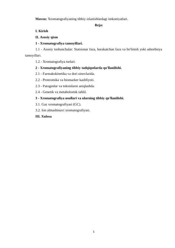 Xromatografiyaning tibbiy izlanishlardagi imkoniyatlari