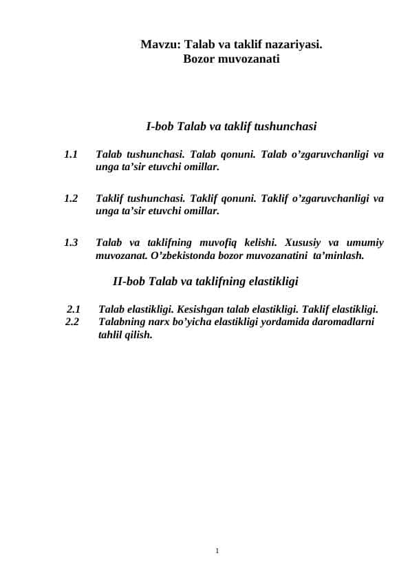 Talab va taklif nazariyasi. Bozor muvozanati