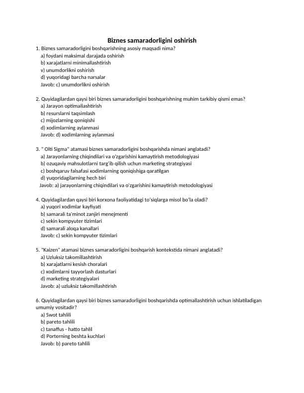 Biznes samaradorligini oshirish TEST JAVOBI BILAN