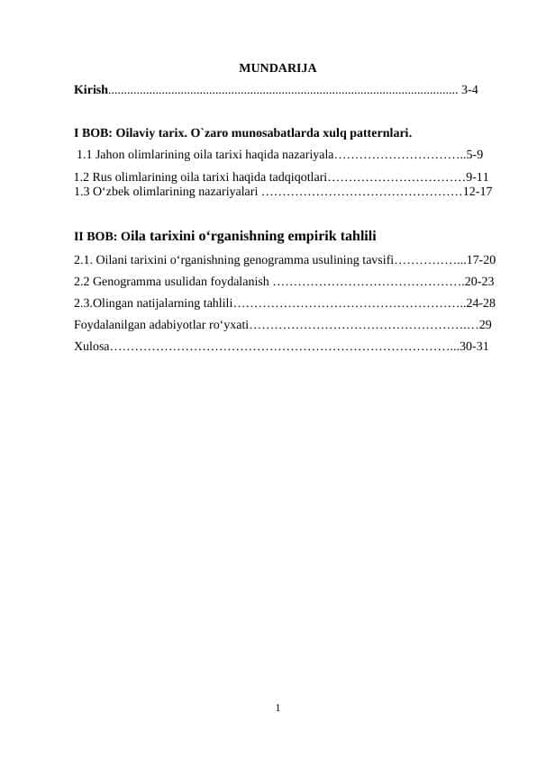 Oilaviy tarix.Ōzaro munosabatlarda xulq patterinlarining oʻtish mexanizmi sifatida.Kurs ishi