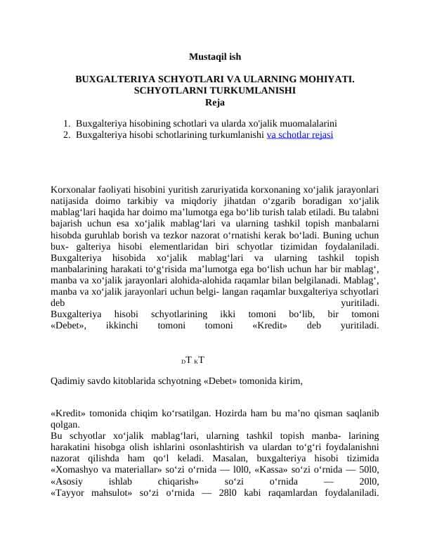 BUXGALTERIYA SCHYOTLARI VA ULARNING MOHIYATI. SCHYOTLARNI TURKUMLANISHI