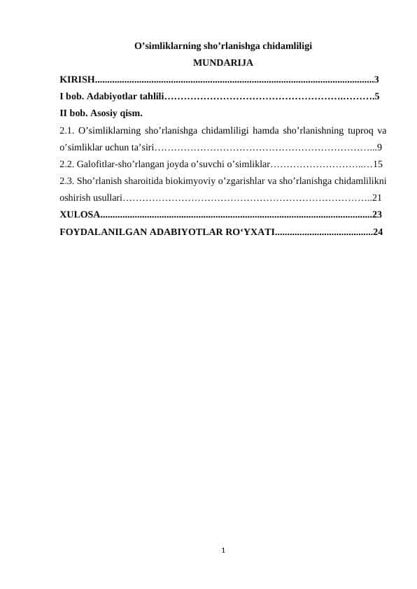 O’simliklarning sho’rlanishga chidamliligi
