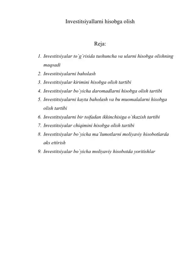 Investitsiyalarni hisobga olish