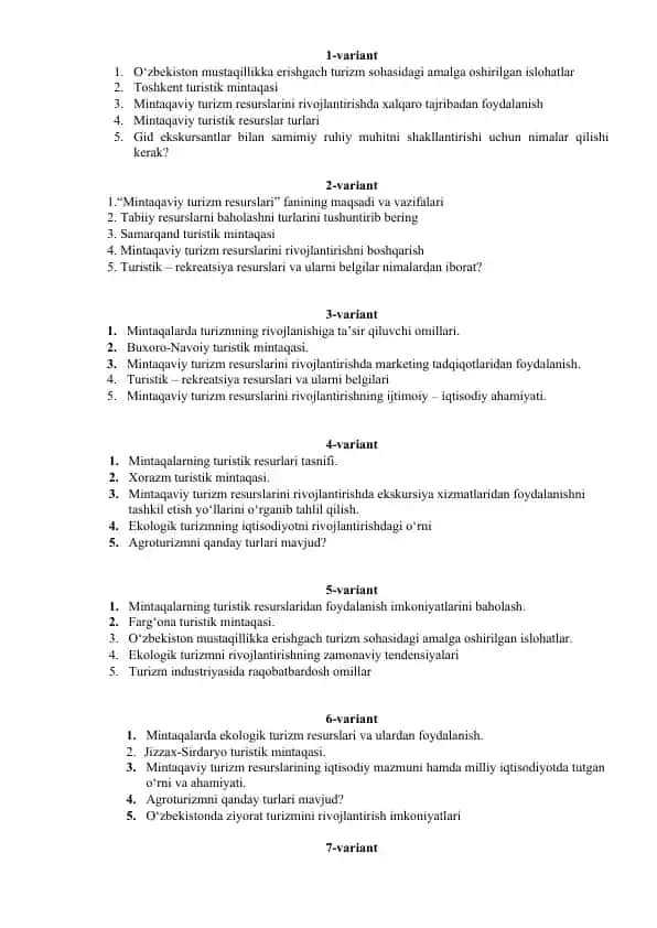 Mintaqaviy turizm yakuniy savollar