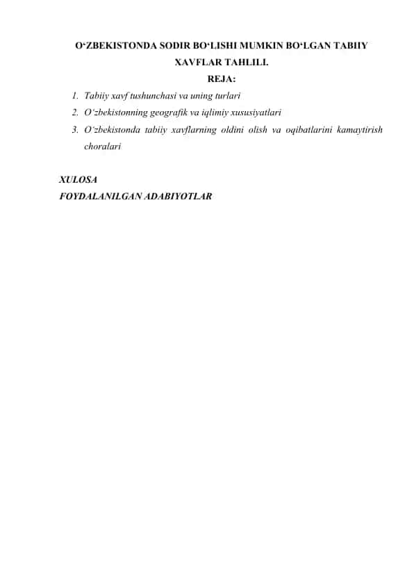О‘ZBEKISTONDA SODIR BО‘LISHI MUMKIN BО‘LGAN TABIIY XAVFLAR TAHLILI.