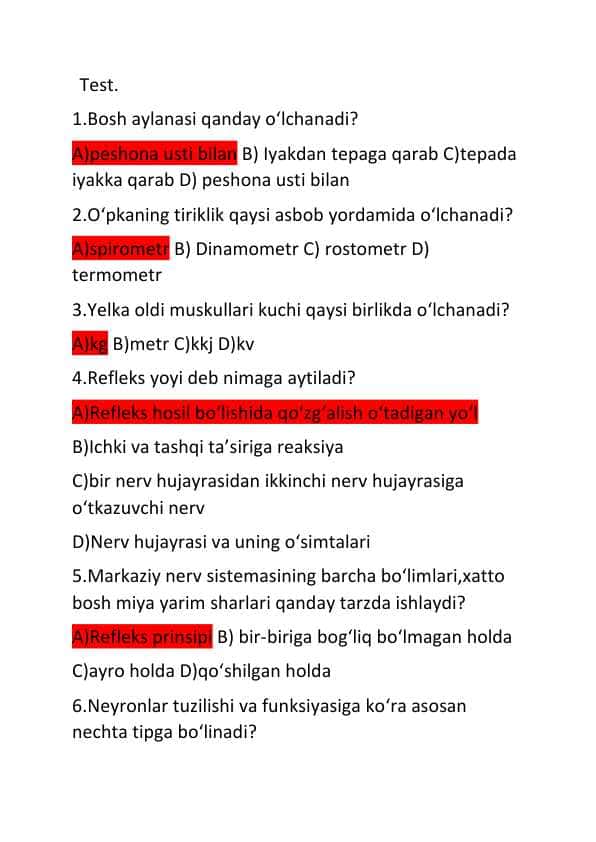 Fiziologiya test