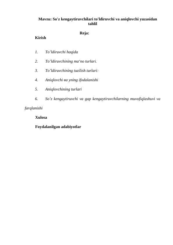 So'z kengaytiruvchilari to'ldiruvchi va aniqlovchi yuzasidan tahlil