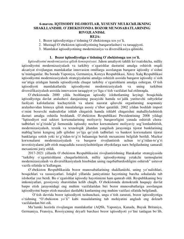 Iqtisodiy islohotlar. Oʻzbekistonda bozor munosabatlari shakillanishi