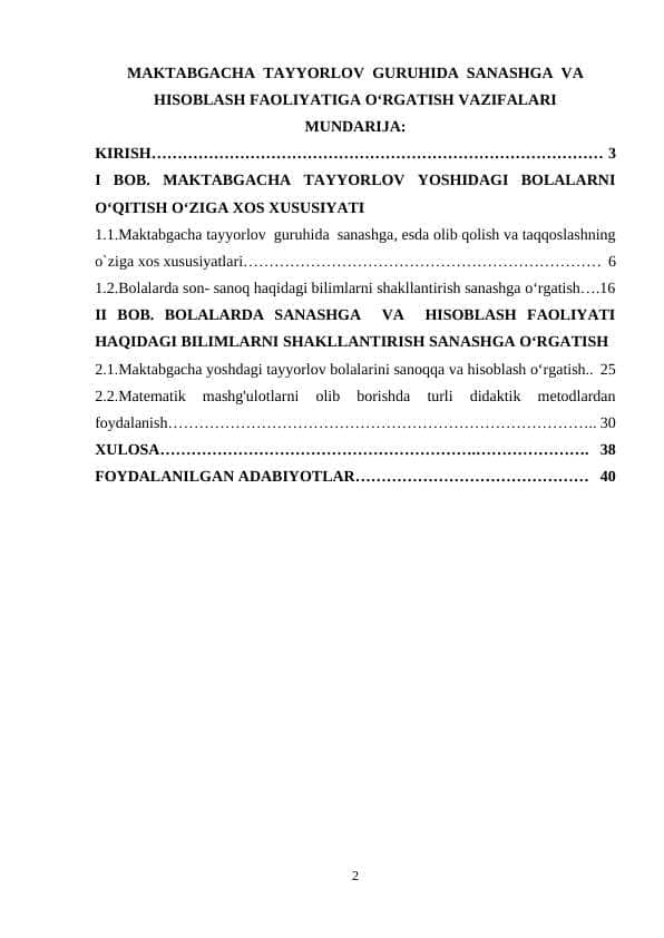 MAKTABGACHA TAYYORLOV GURUHIDA SANASHGA VA HISOBLASH FAOLIYATIGA O‘RGATISH VAZIFALARI