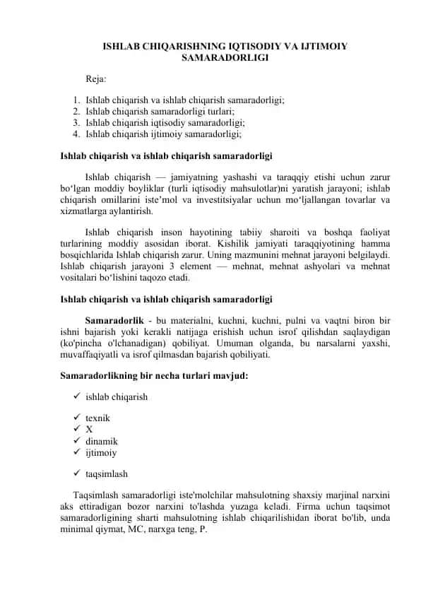 Ishlab chiqarishning iqtisodiy va ijtimoiy samaradorligi