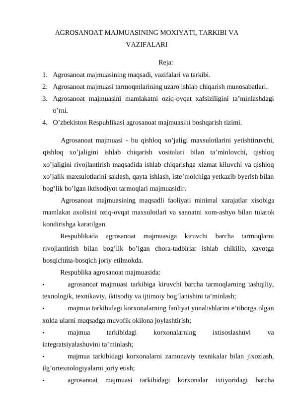 AGROSANOAT MAJMUASINING MOXIYATI, TARKIBI VA VAZIFALARI