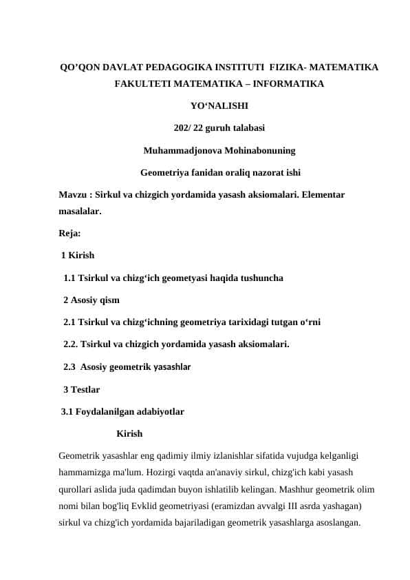 Sirkul va chizgʻich yordamida yasash aksiomalari